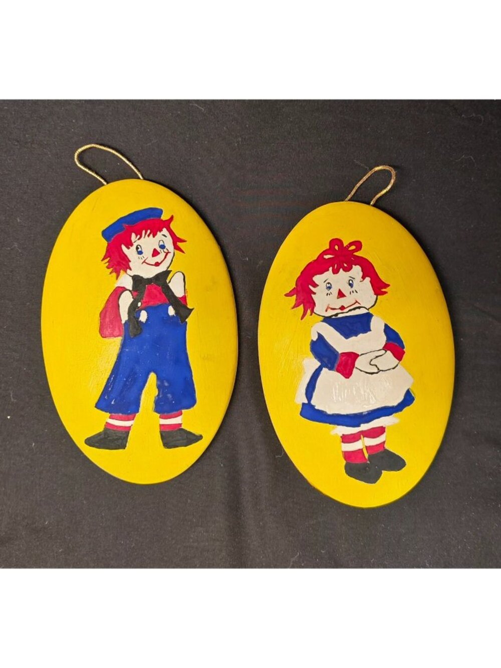 Vintage Hand Painted Wooden 7" Wall Plaques Raggedy Ann & Andy Retro Wall Decor